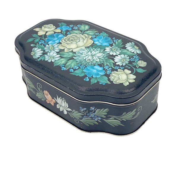 Vtg Tin Box Container Candy Cookie Biscuit Floral Blue Black Cottagecore Shabby - Picture 1 of 12